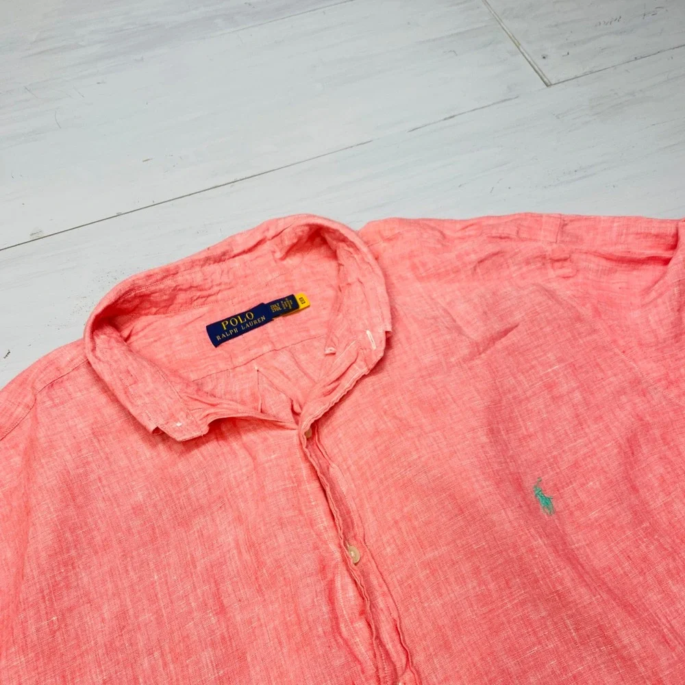 Polo Ralph Lauren Linen Shirt Men 2XLT Coral Pink Long Sleeve Pony Logo Big Tall